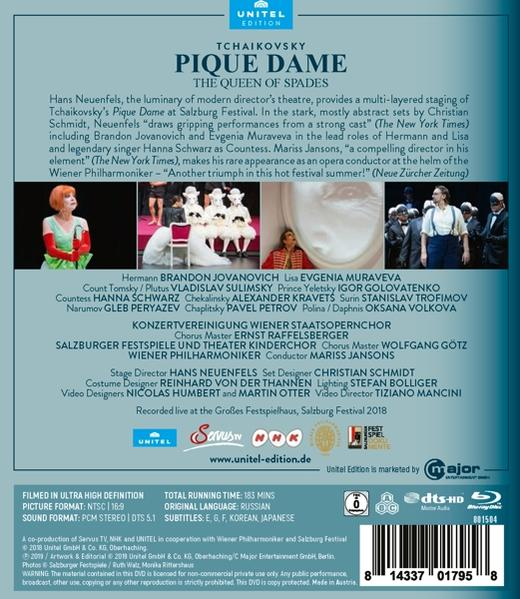 Blu-ray-Cover von Tschaikowskis Oper Pique Dame. Enthält Namen der Darsteller und Produktionskredite. Hintergrund ist ein Bühnenfoto.