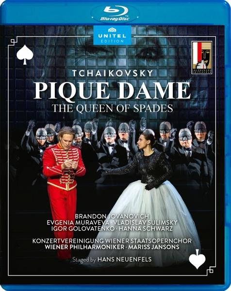 Blaue Blu-ray Disc Hülle, Tschaikowskis Pique Dame, mit Schauspielern und Bühnenbild.