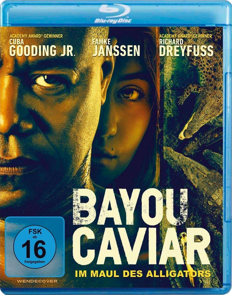 Filmcover mit zwei Gesichtern und Text. Blaue und grüne Farben. Text: Bayou Caviar.