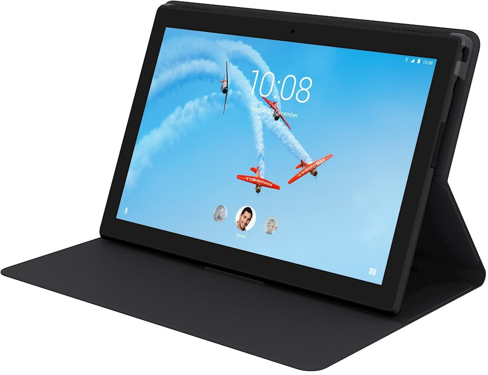 Zwarte tablet met een afbeelding van vliegtuigen in de lucht.