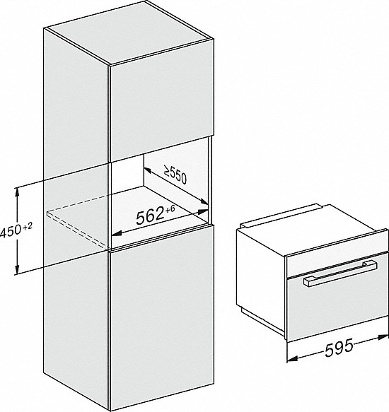 Diagramm eines Einbauofens mit Maßen in Millimetern.