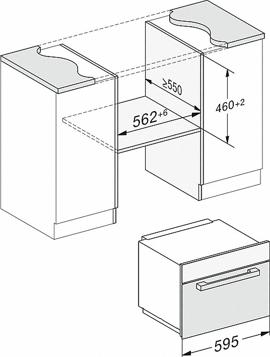 Diagramm des Einbau-Küchenschranks mit Abmessungen.