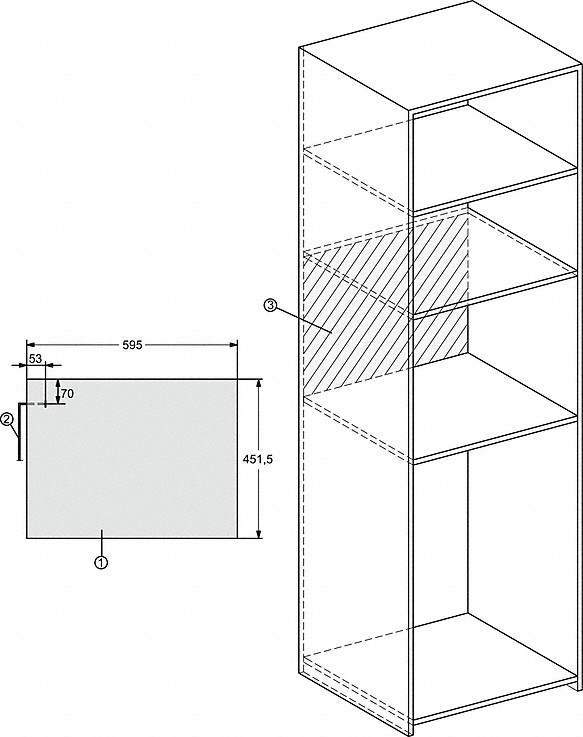 Diagramm eines Schranks mit Regalen und Abmessungen. Auf der linken Seite des Schranks befindet sich eine graue Form.