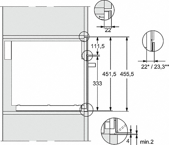 Diagramm mit Abmessungen: 22, 111.5, 451.5, 455.5, 333 und 4. Grauer und weißer Hintergrund.