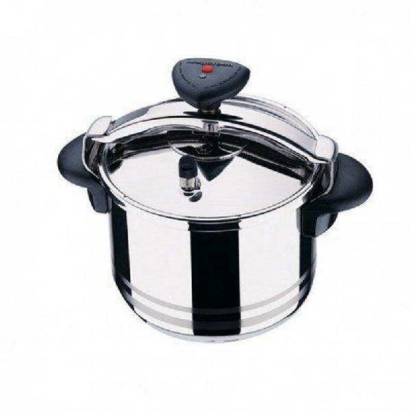 Una olla a presión plateada brillante con asas negras y un asa negra en la parte superior.
