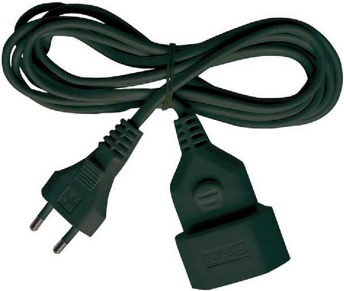 Un cable de alimentación verde oscuro con enchufe europeo y conector hembra.