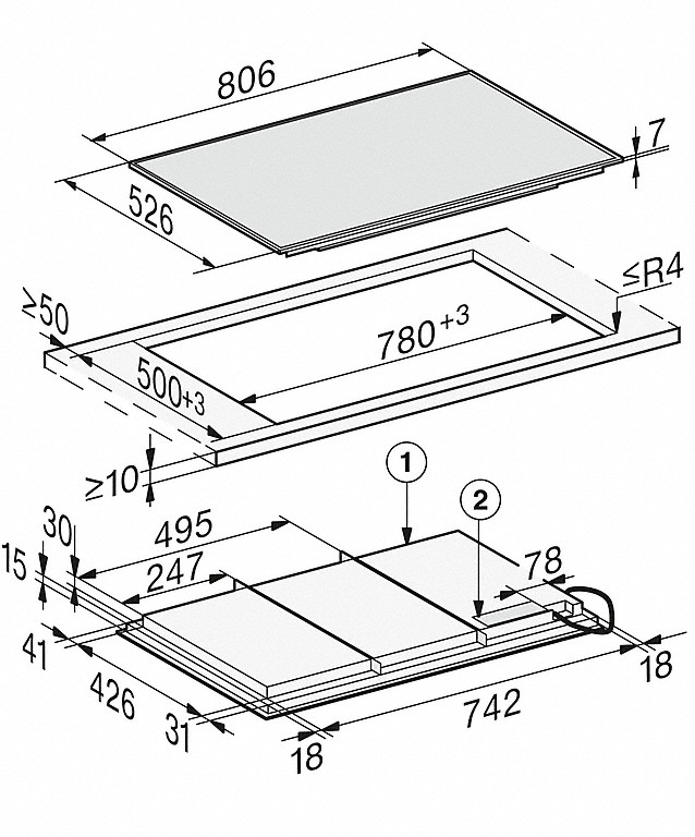 Diagramm eines Induktionskochfelds mit Abmessungen und Maßen in mm.