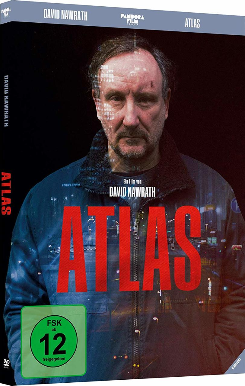 DVD-Cover eines Mannes mit rotem Atlas-Titel und Text. Schwarzer Hintergrund mit Gebäude.