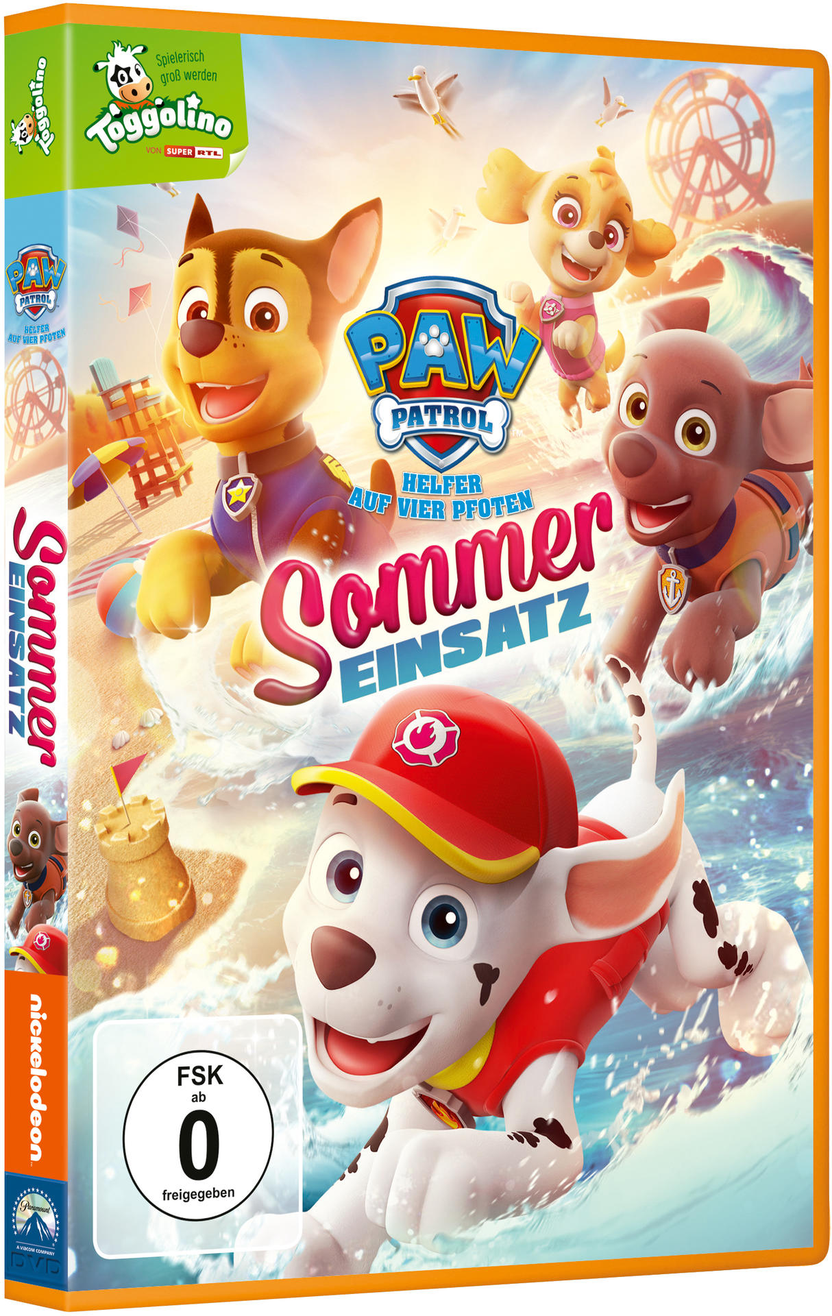 DVD-Cover eines Zeichentrickfilms mit Hunden und einer Strandszene.