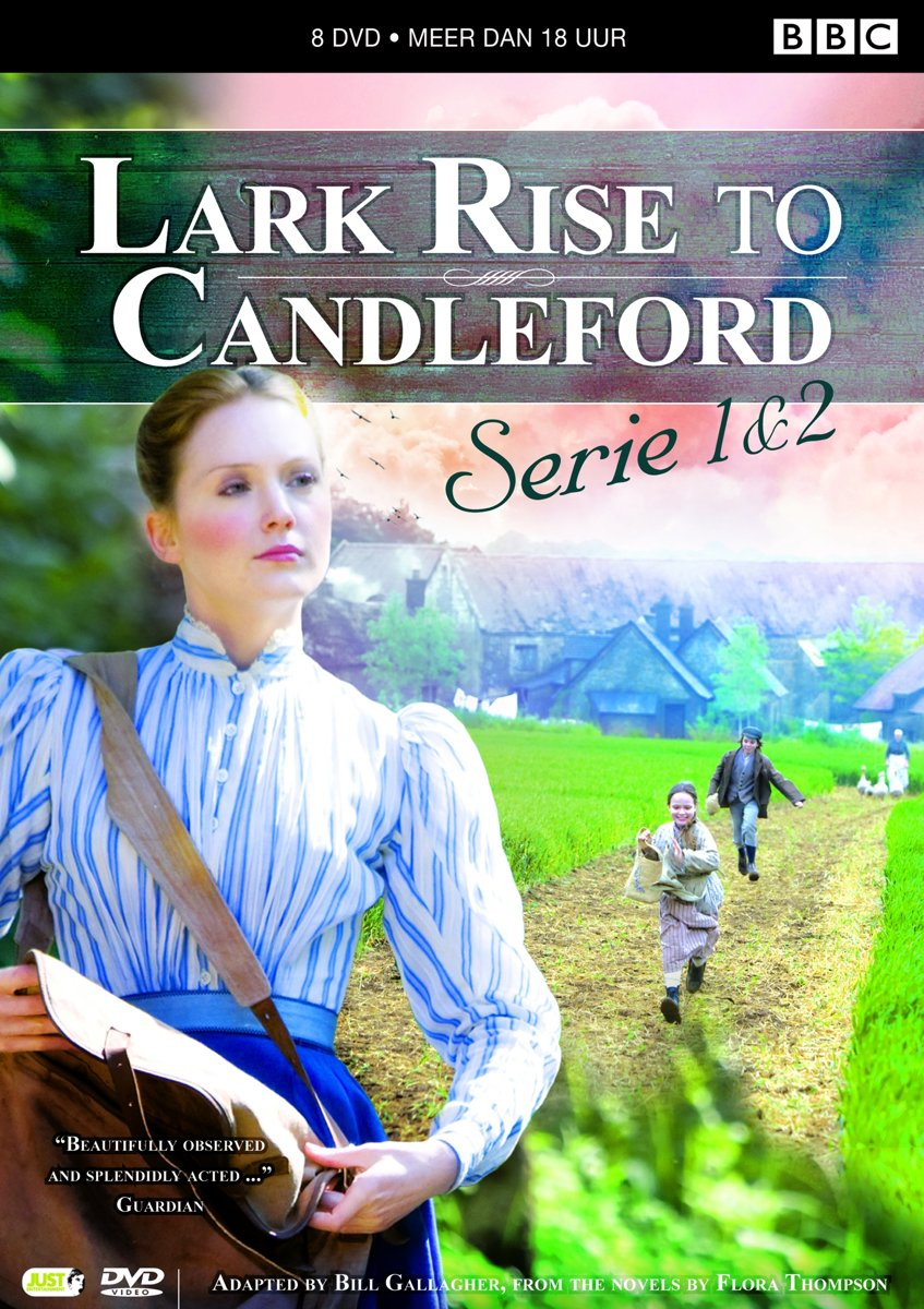 Couverture DVD de 'Lark Rise to Candleford', avec une femme avec une sacoche et deux enfants qui courent.