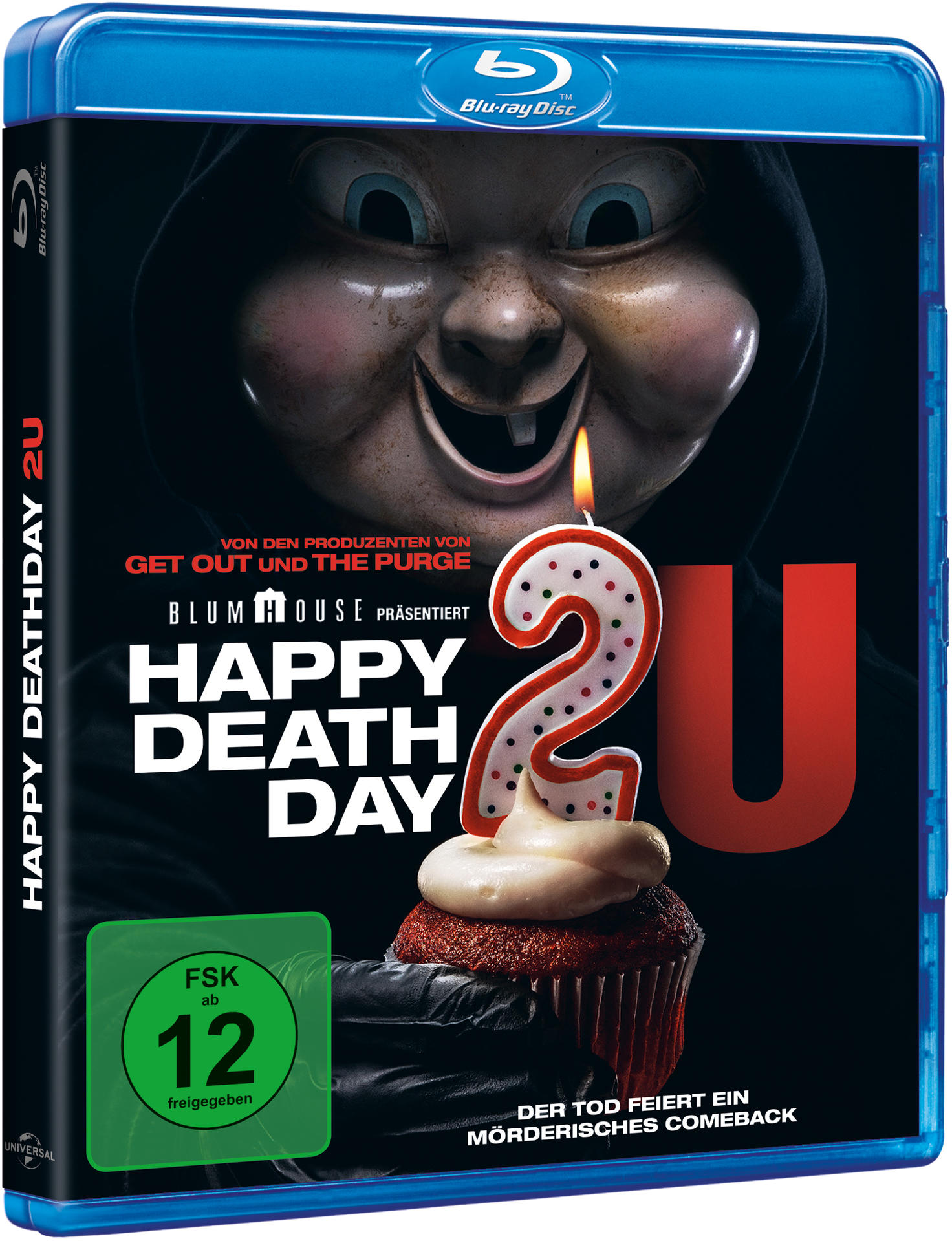 Filmcover: Happy Death Day 2U Blu-ray Disc. Bild eines maskierten Gesichts und Cupcake.