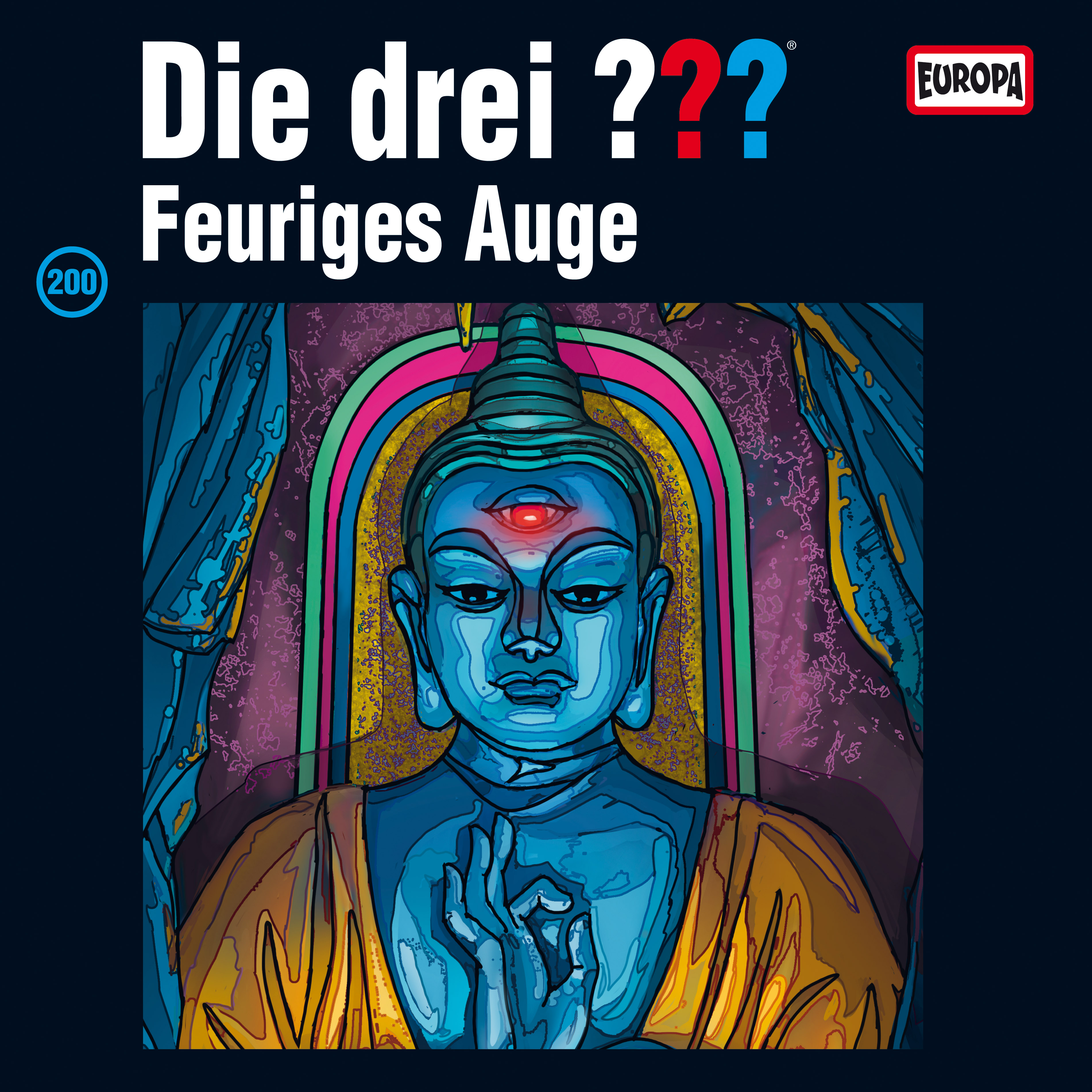 Poster: Buddha-Statue mit rotem drittem Auge, Titel 'Die drei ???, Feuriges Auge'.