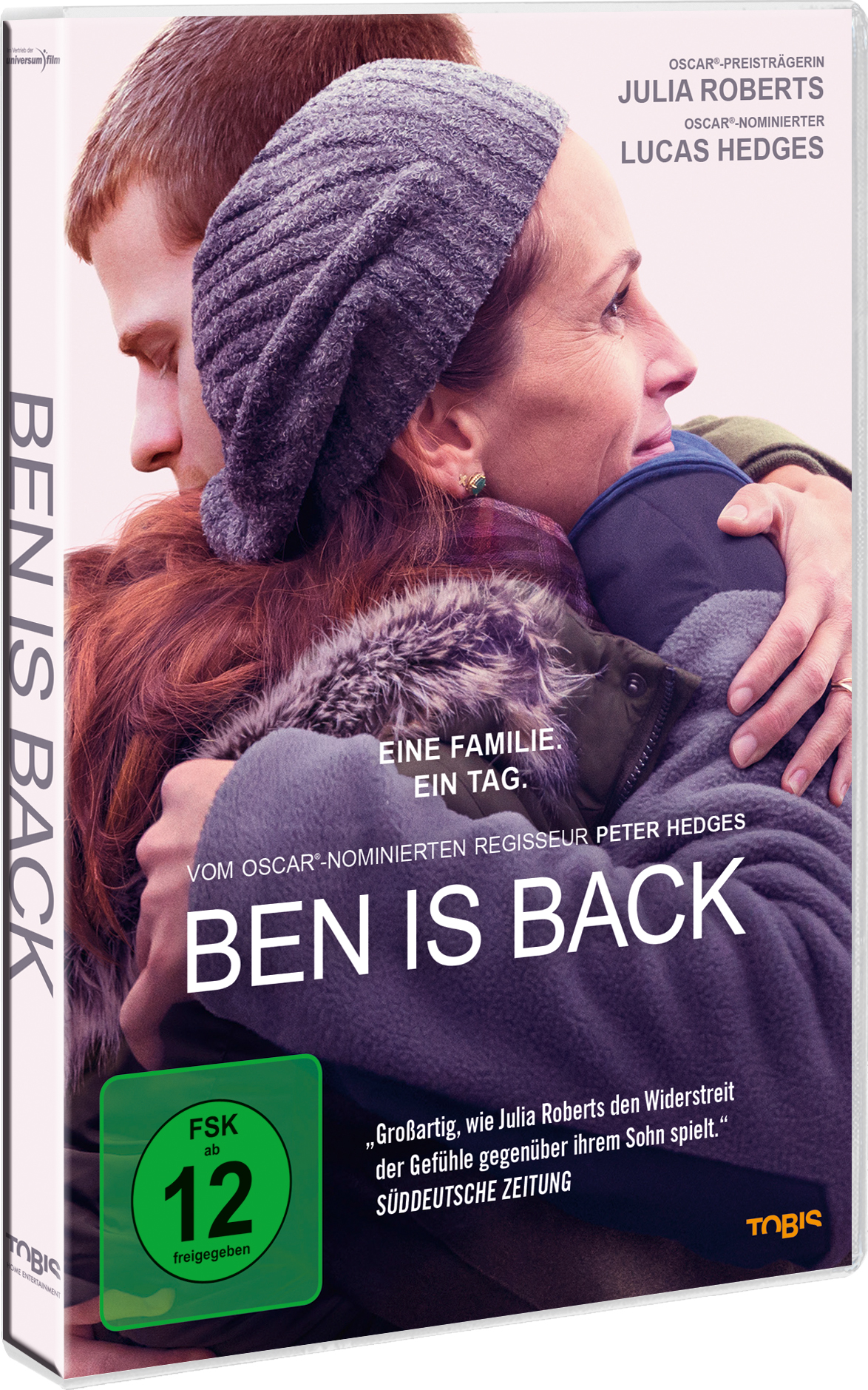 Filmcover: Julia Roberts umarmt einen Mann. Text: Ben Is Back. Grünes FSK 12-Logo.