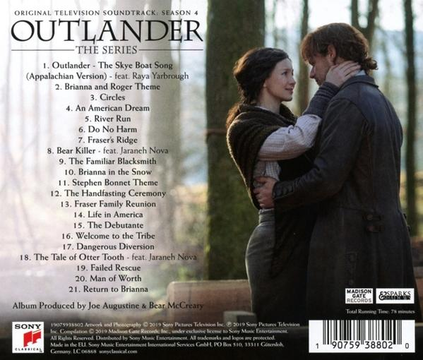 Rückseite der Outlander-Soundtrack-CD mit Titeln und Credits. Weißer Hintergrund und Text.