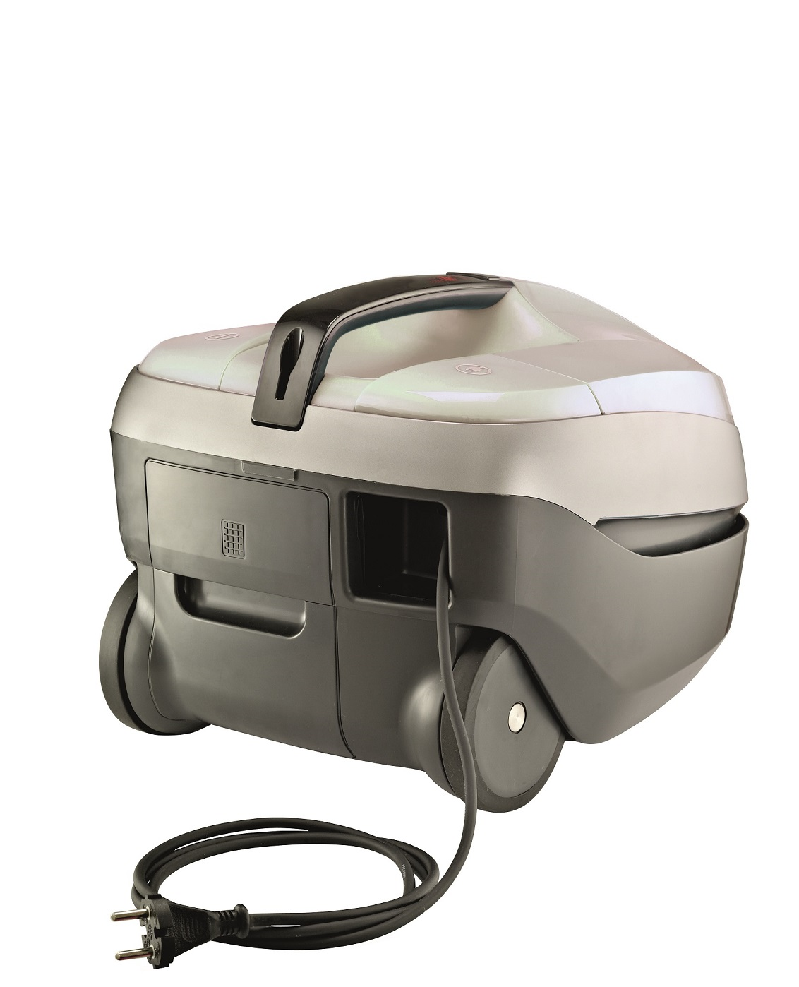 A gray and black vacuum cleaner with a handle and a black power cord wrapped around it.