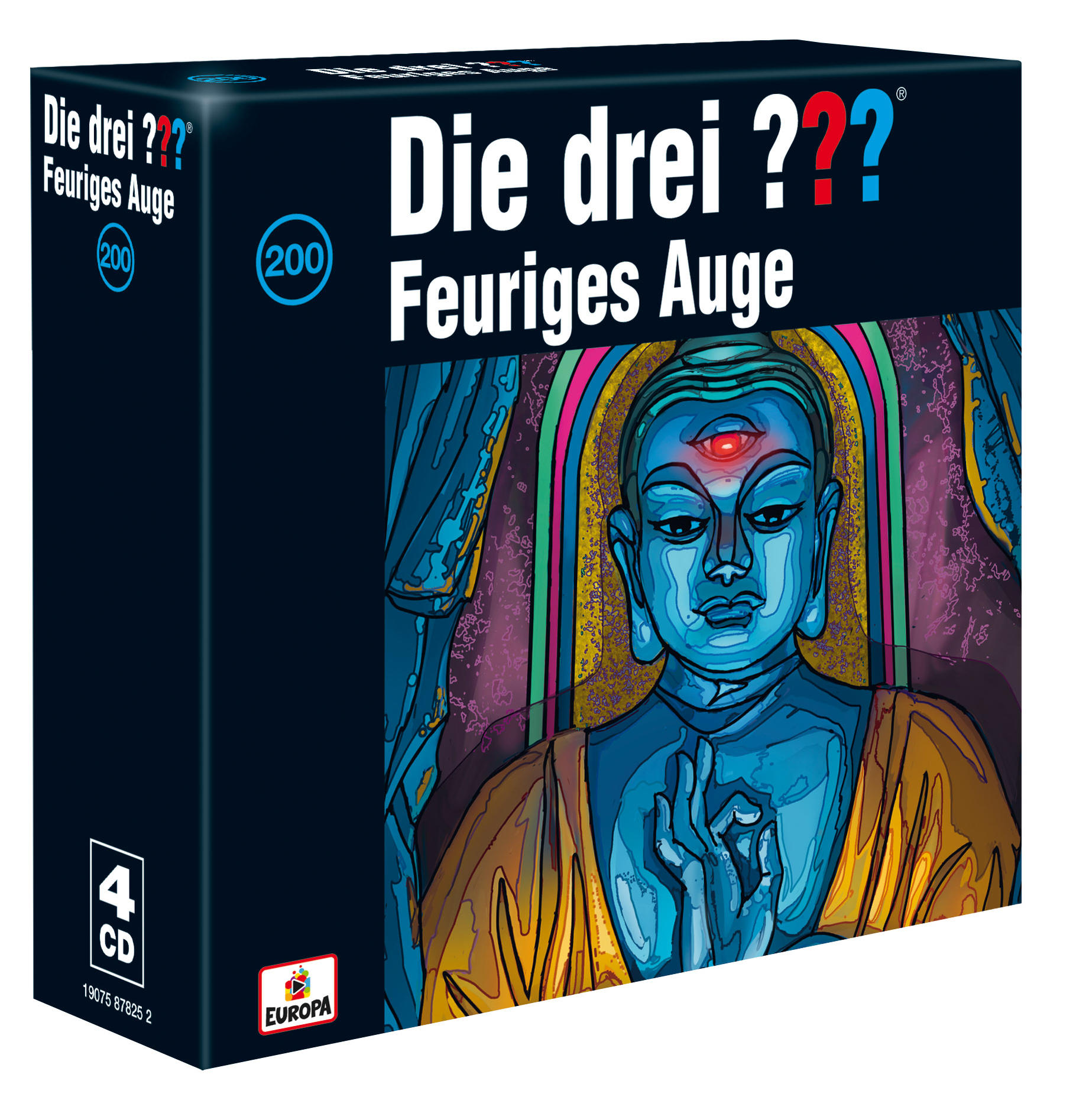 Box des deutschen Hörspiels "Die drei ???". Zeigt eine blaue Buddha-Statue.