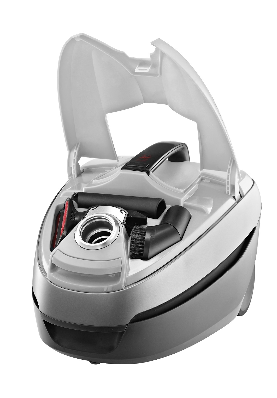 Vacuum cleaner with open top, showing accessories inside, white and grey.