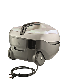 A silver and grey vacuum cleaner with a handle and wheels.