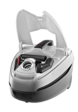 Vacuum cleaner with open top showing accessories. White and grey colors.