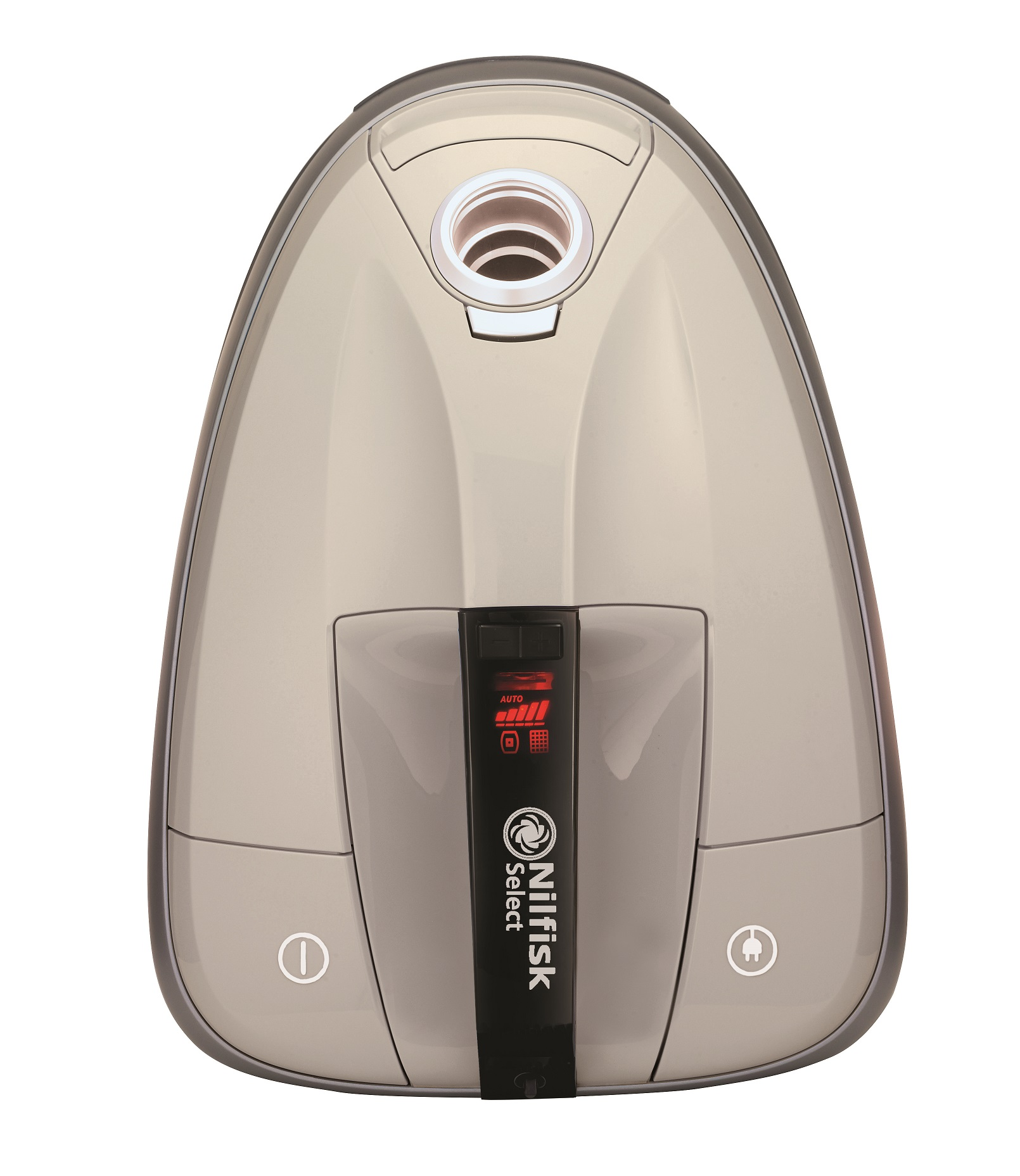 A light-colored, oval-shaped Nilfisk Select vacuum cleaner.