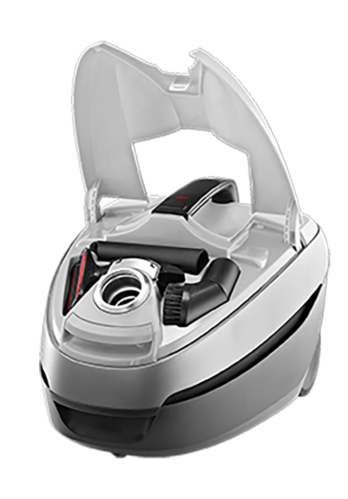 A gray vacuum cleaner with an open lid showing accessories.
