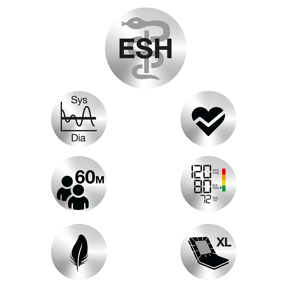 Silberne kreisförmige Symbole mit Gesundheitssymbolen auf weißem Hintergrund.