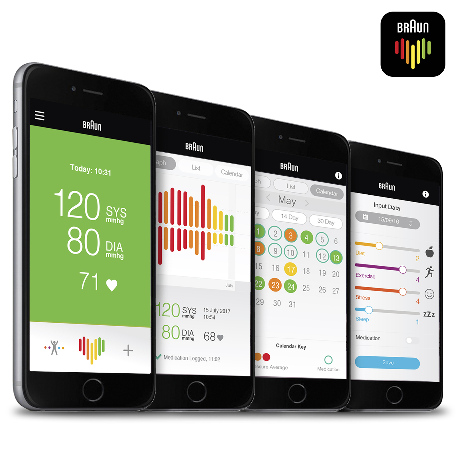 Vier Smartphones, die Gesundheitsdaten anzeigen: Blutdruck, Kalender und Trainingsmetriken. Das Braun-Logo ist sichtbar.