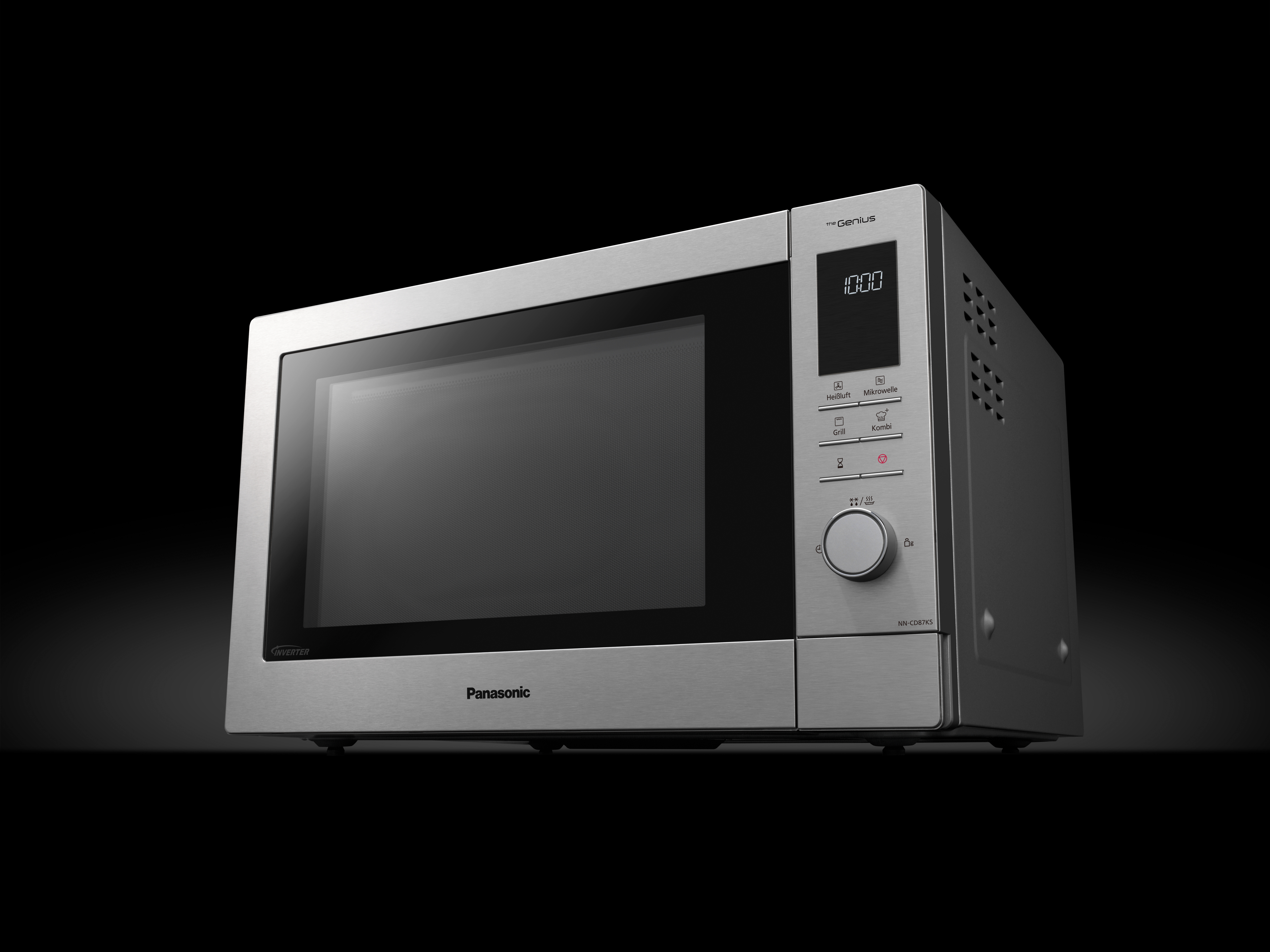 Panasonic Mikrowelle mit Digitalanzeige. Edelstahl-Finish, auf schwarzem Hintergrund.