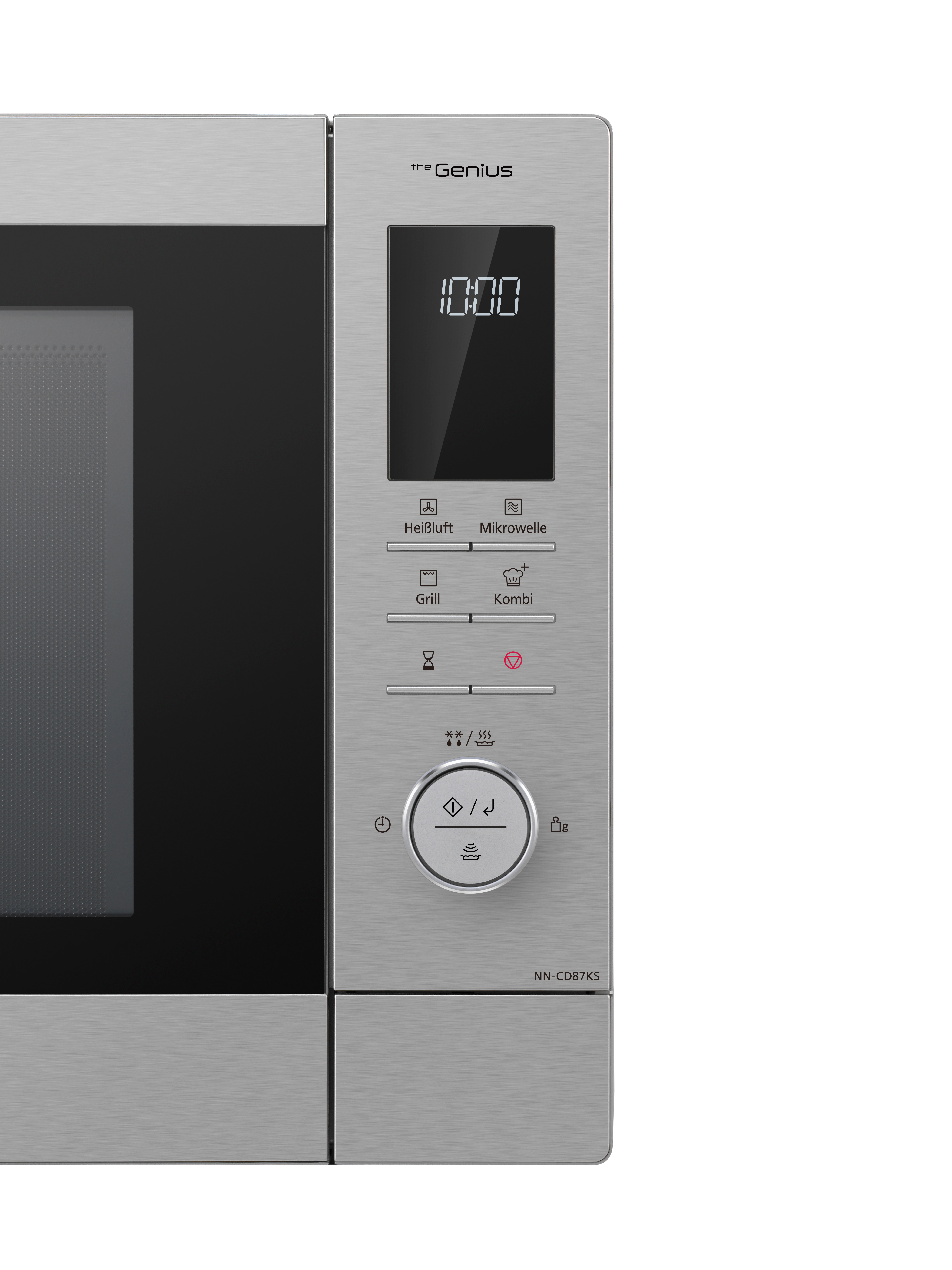 Bedienfeld eines Mikrowellenherds mit Digitaluhr und Knöpfen.