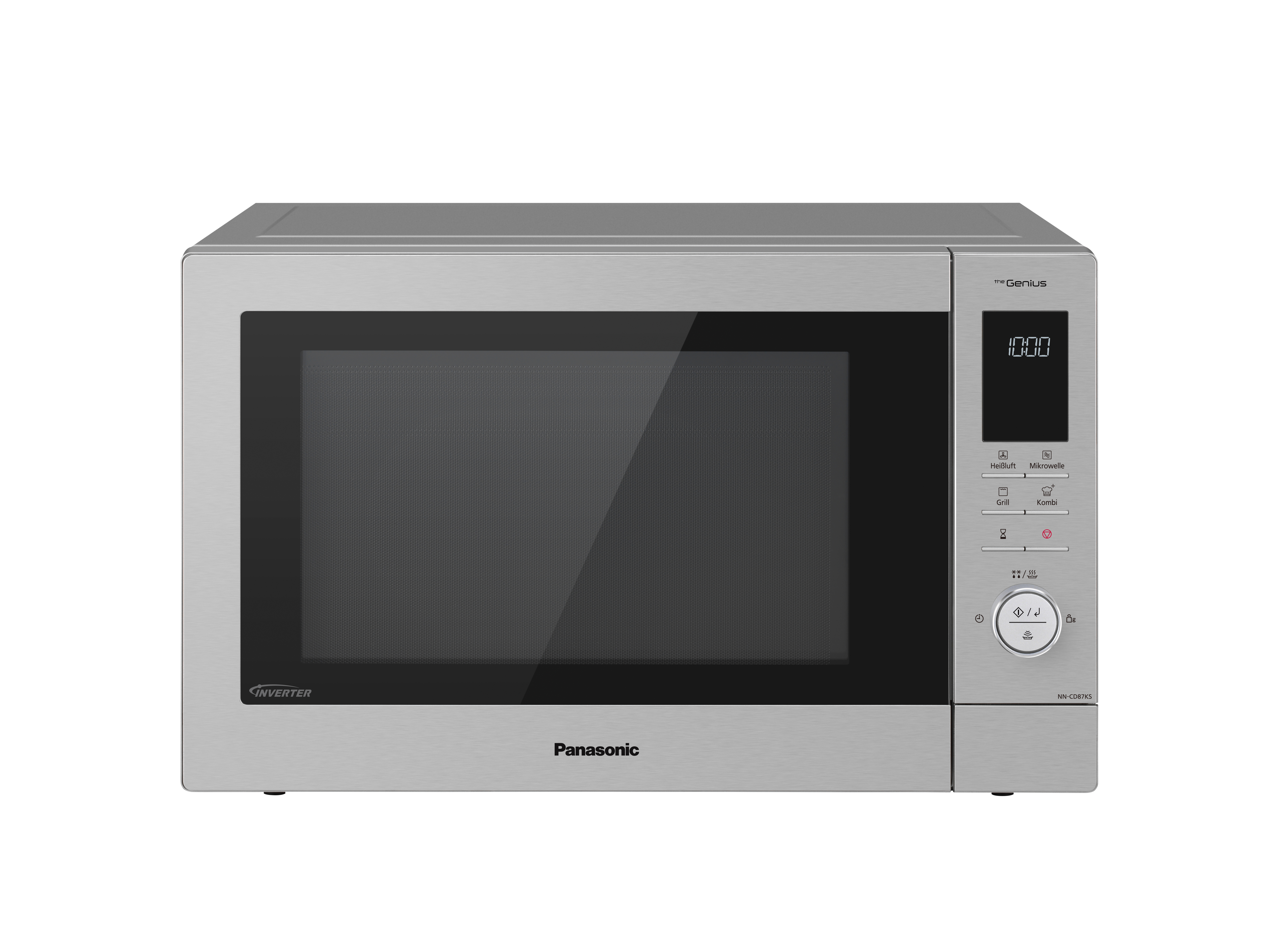Silberner Panasonic Genius Mikrowellenofen mit Digitalanzeige und Bedienfeld, auf weißer Oberfläche.