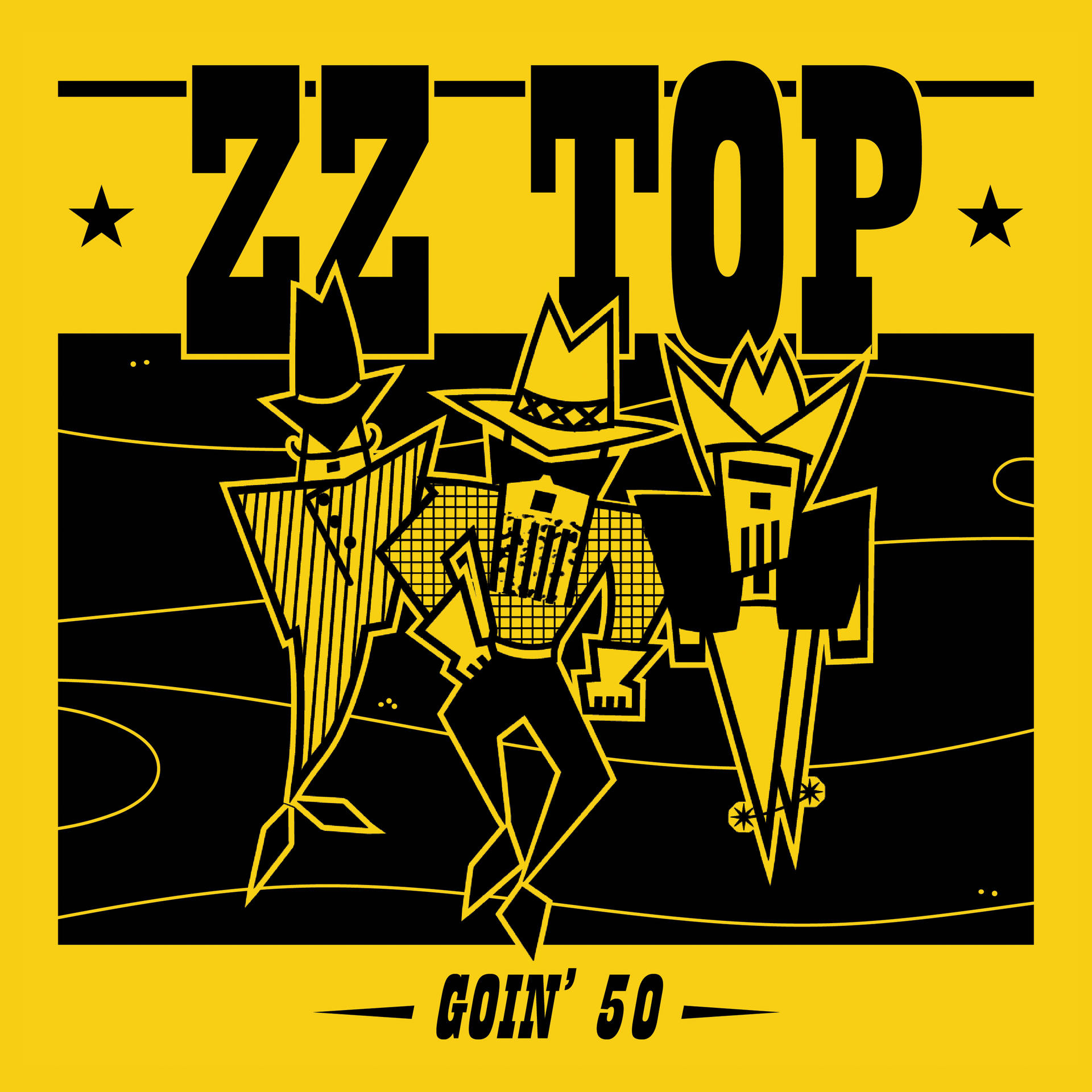 Albumcover mit ZZ Top-Bandmitgliedern als Cartoonfiguren. Gelber Hintergrund und schwarzer Text.