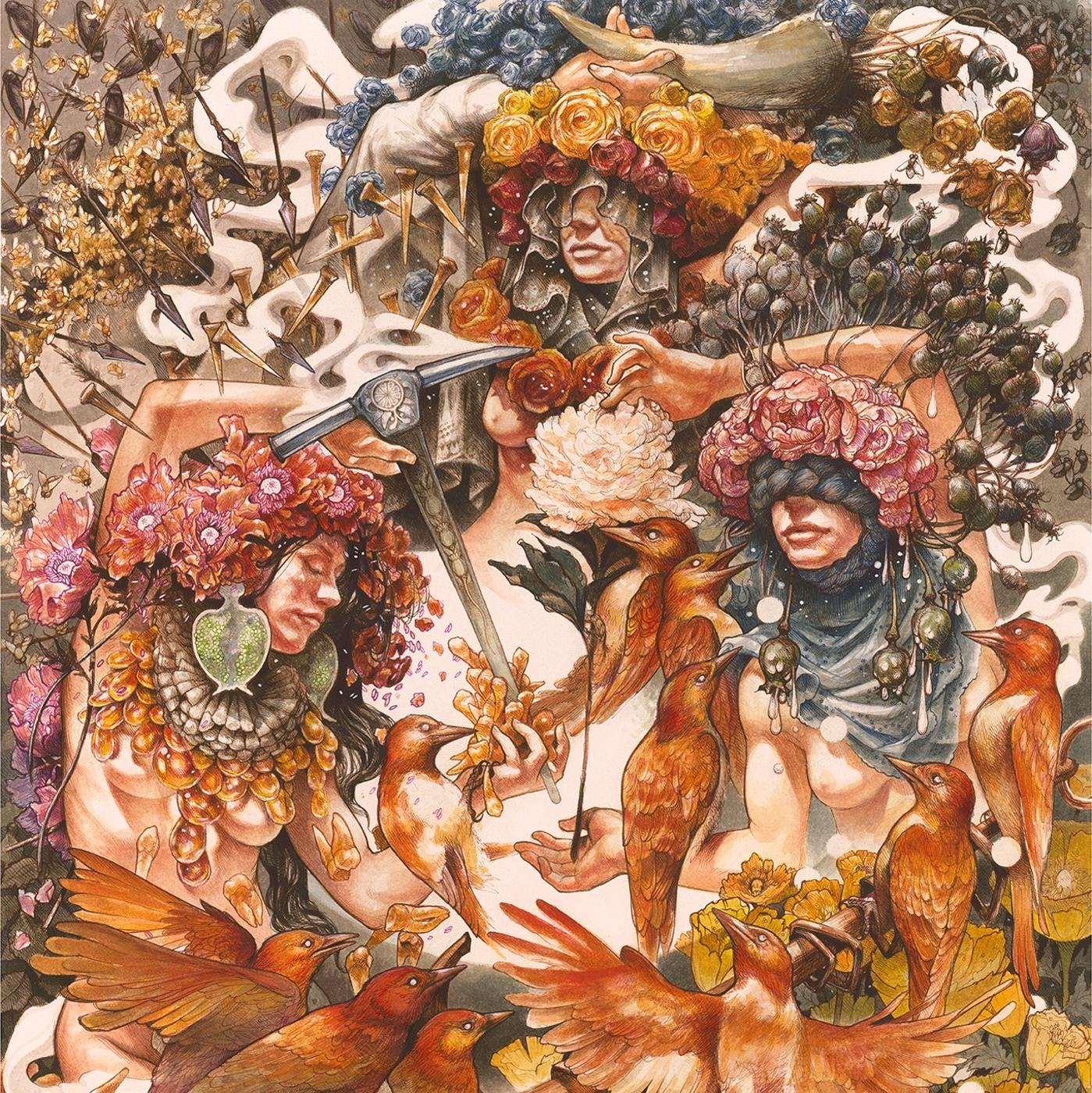 Ein surreales Kunstwerk mit Figuren, Vögeln und Blumen in einer lebendigen, farbenfrohen Komposition.