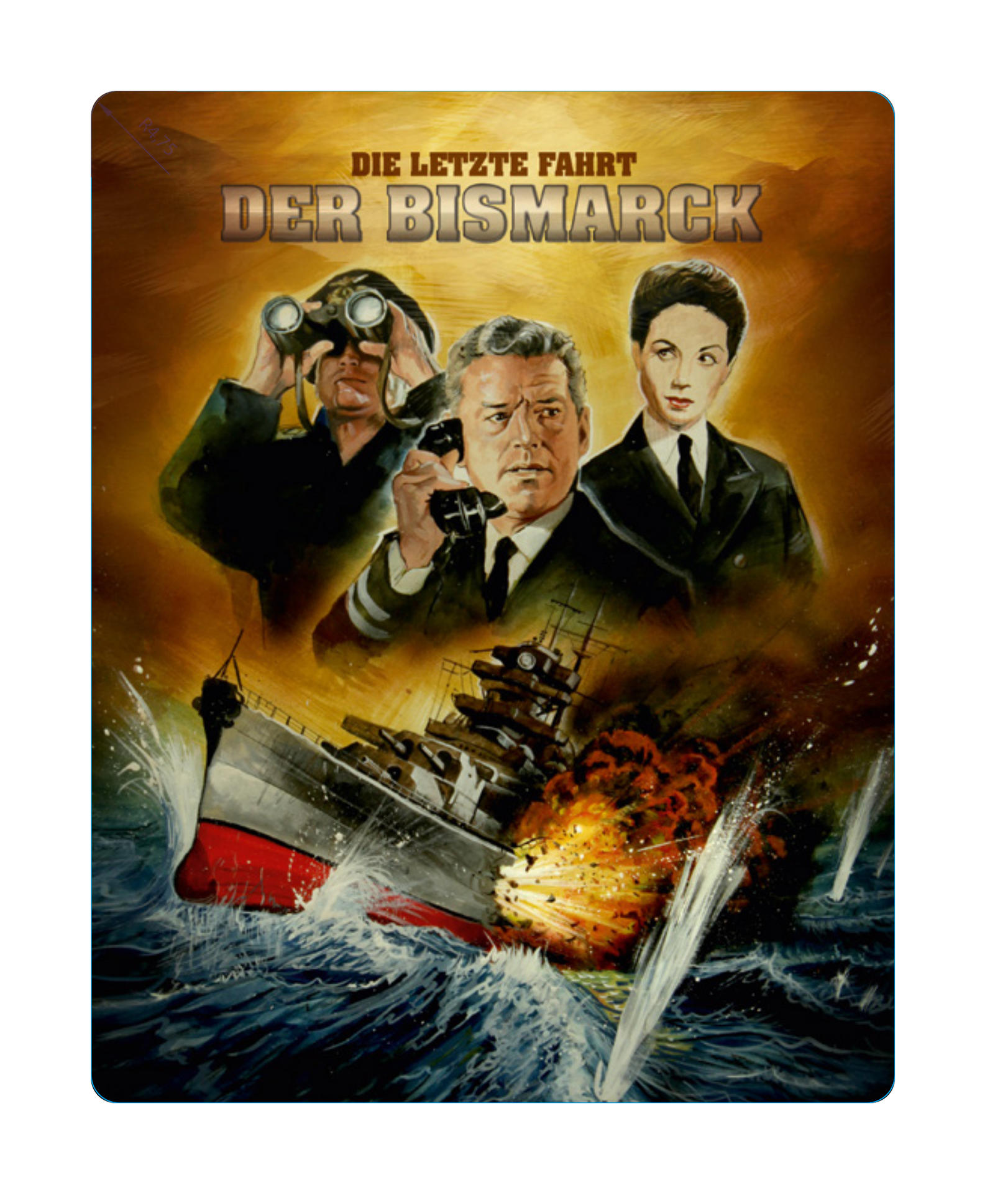 Filmposter mit drei Personen, die auf ein brennendes Schiff im Wasser blicken.