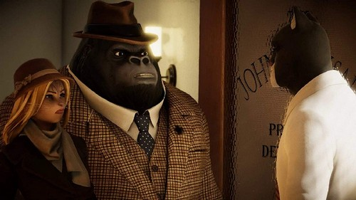 Gorilas animados en una habitación. Uno está en traje, otro con sombrero y una mujer.