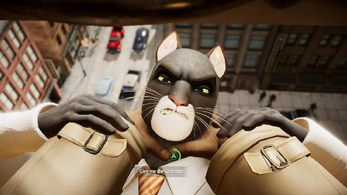 Una figura antropomórfica con forma de gato en un entorno urbano, haciendo un gesto amenazante.