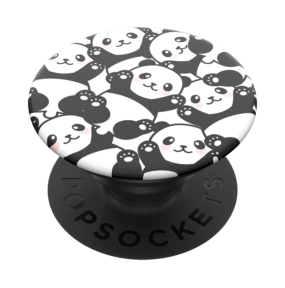 Ein PopSockets mit einem Muster aus vielen Panda-Gesichtern auf schwarzem Grund.