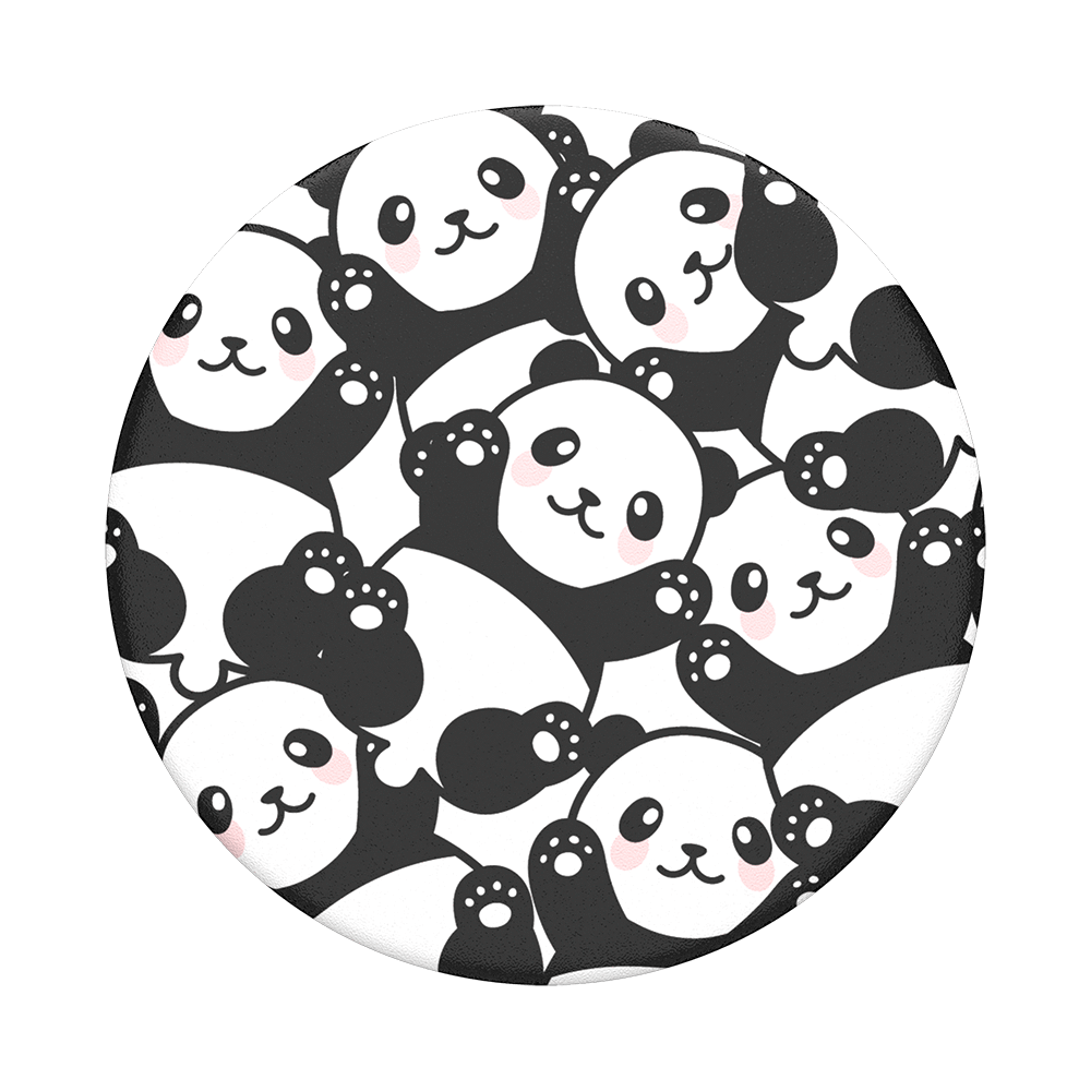 Runder Pop-Socket mit vielen Pandagesichtern. Schwarz-weiße Pandas lächeln, mit rosigen Wangen und winken.