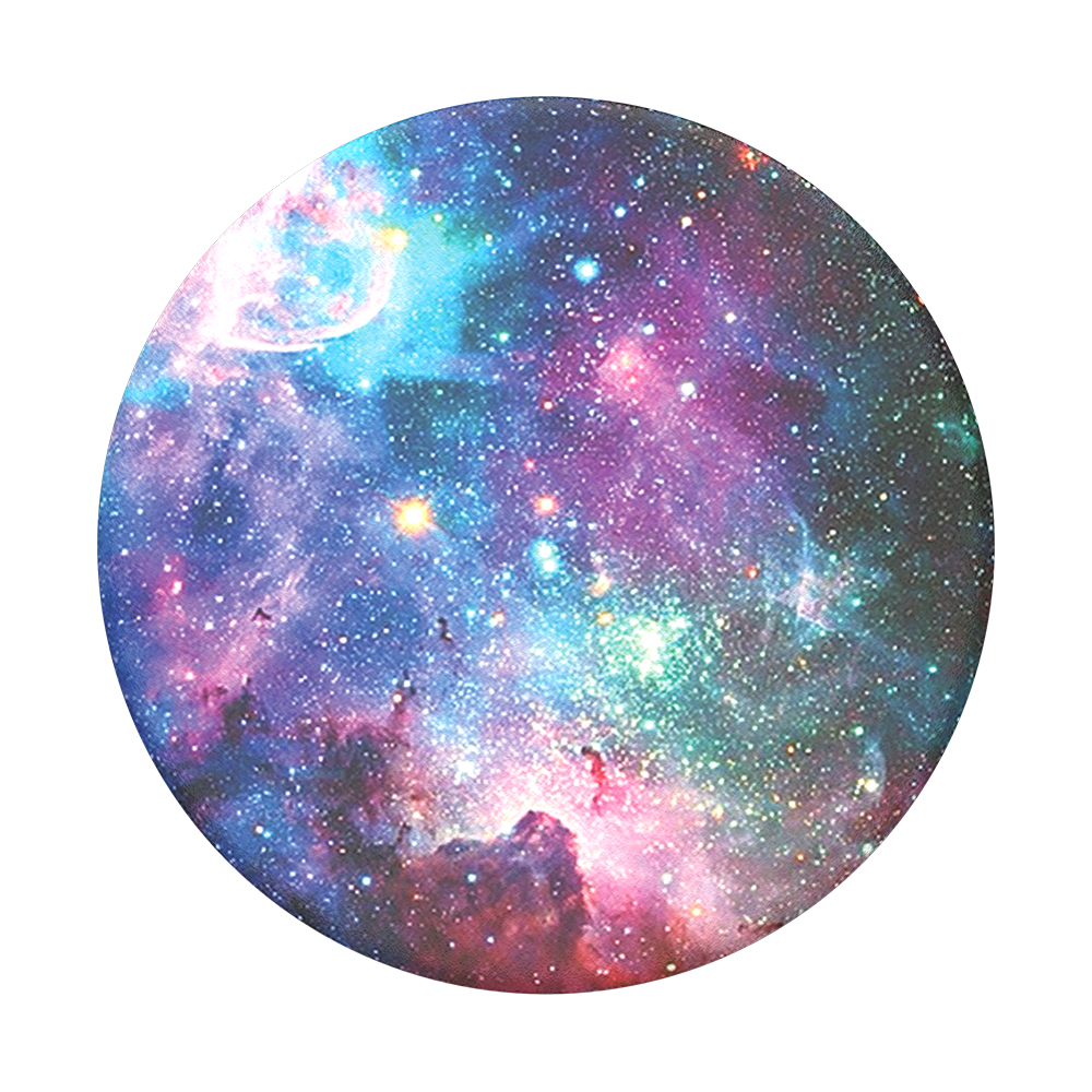 Rundes Bild einer Galaxie mit rosa, blauen und violetten Nebeln und Sternen.
