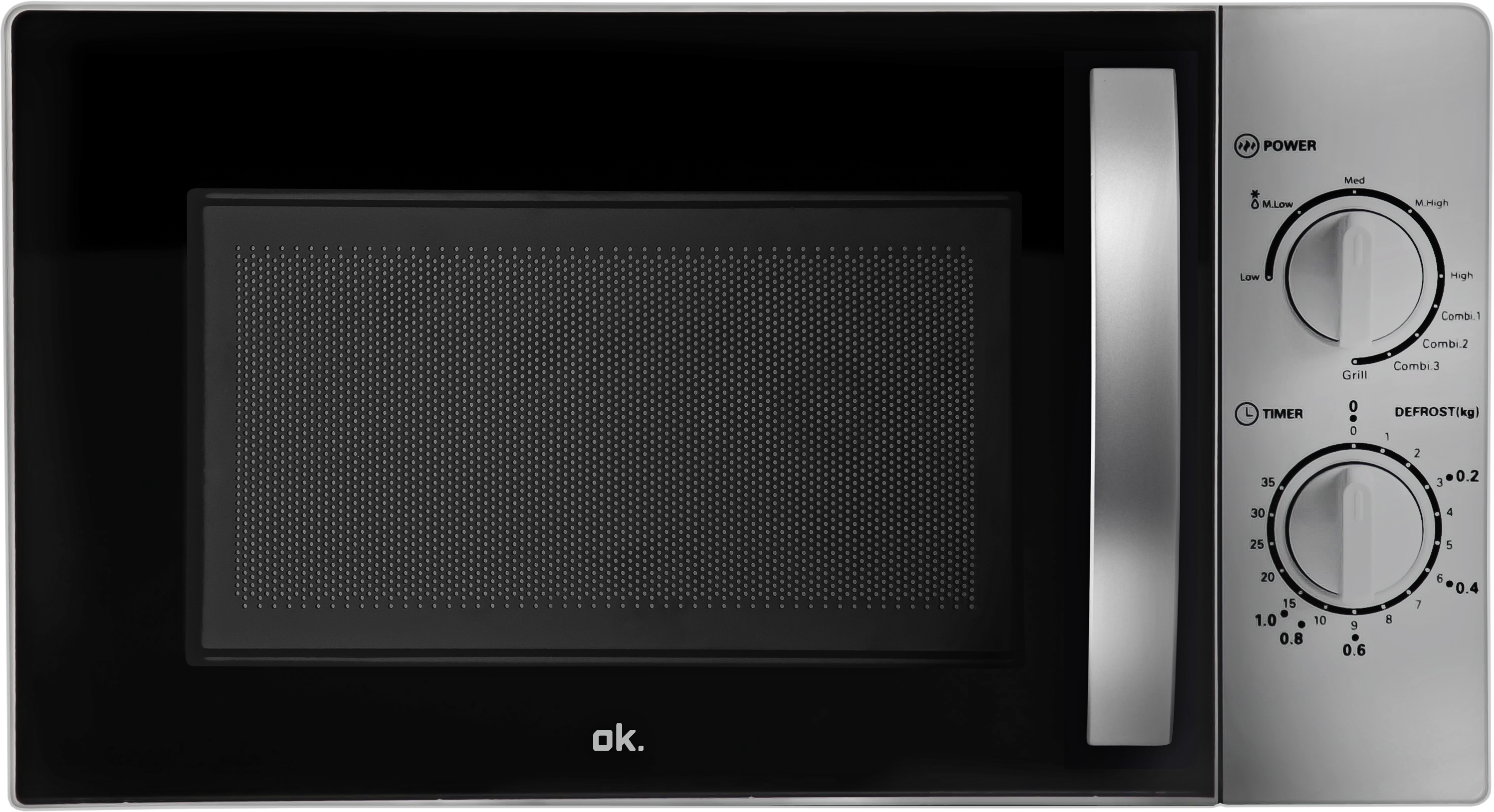 Ein schwarzer Mikrowellenherd mit Bedienfeld rechts. Die Tür ist geschlossen.