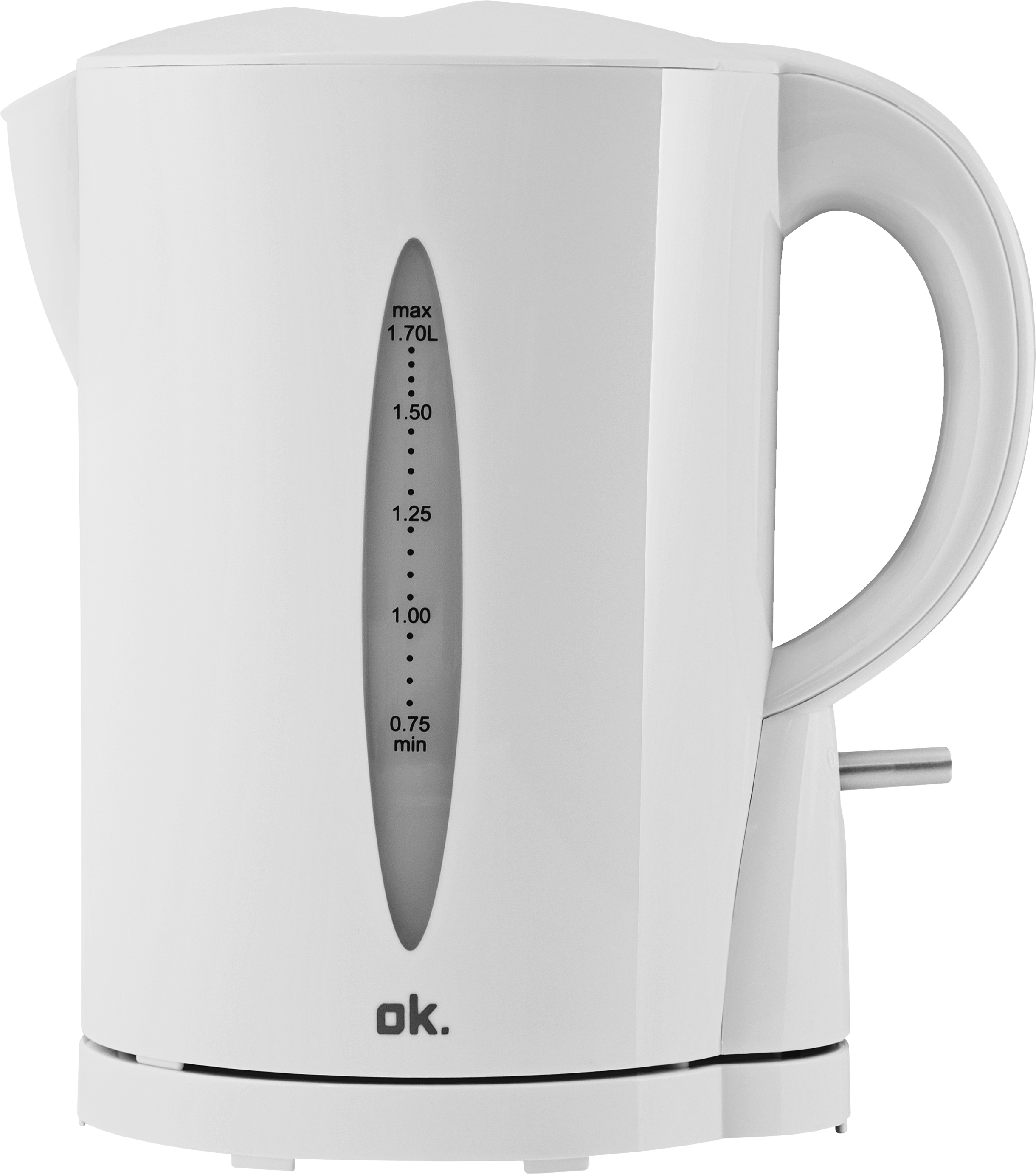 Bollitore elettrico bianco con indicatore livello acqua e manico.