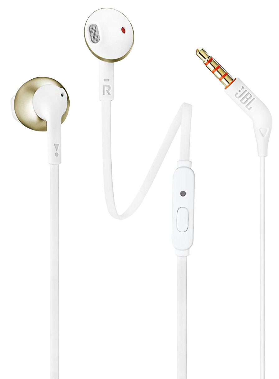 Écouteurs blancs et dorés avec un microphone et un connecteur JBL.