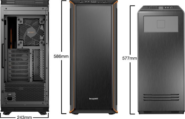 Schwarzes PC-Gehäuse, drei Ansichten: vorne, seitlich und hinten. Abmessungen sind 586 mm, 577 mm und 243 mm.