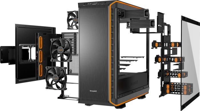 Explosionsansicht eines schwarzen Computergehäuses mit Lüftern und Komponenten. Weißer Hintergrund.