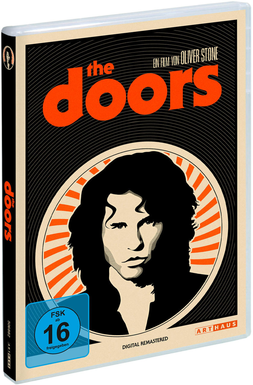DVD-Hülle des Films 'The Doors'; schwarzer Einband mit orangefarbenem Text und einem Jim Morrison-Porträt.