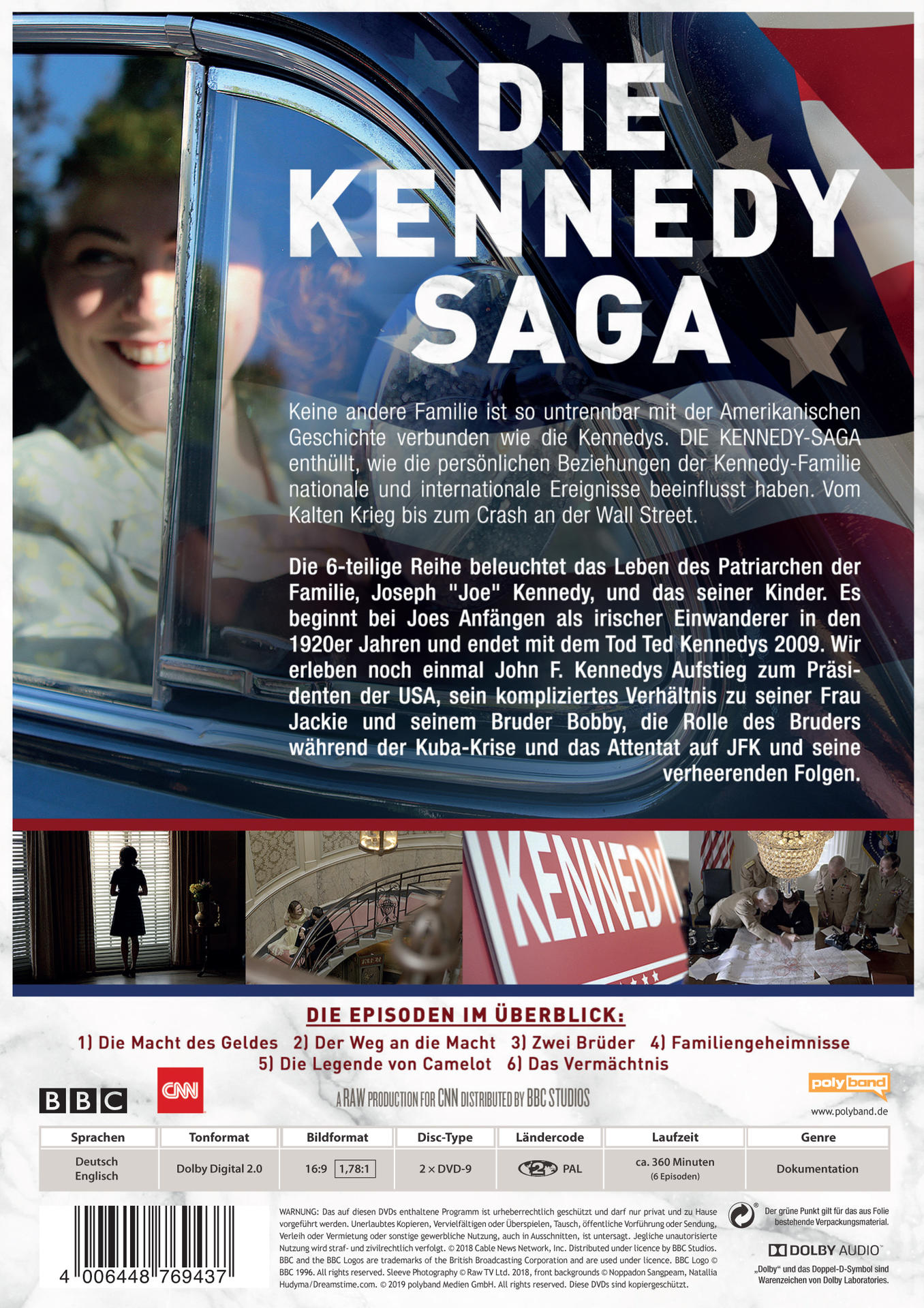 DVD-Cover mit Text: 'Die Kennedy Saga'. Enthält Bilder von John F. Kennedy und Familie.