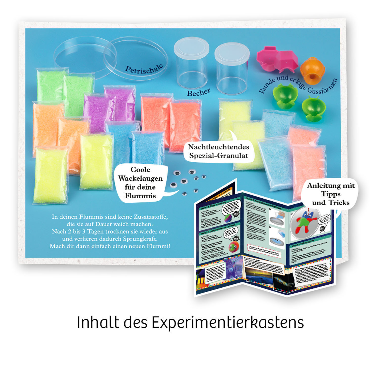Ein Set mit farbigen Pulvern, Behältern und Anweisungen zur Herstellung von Schleim.