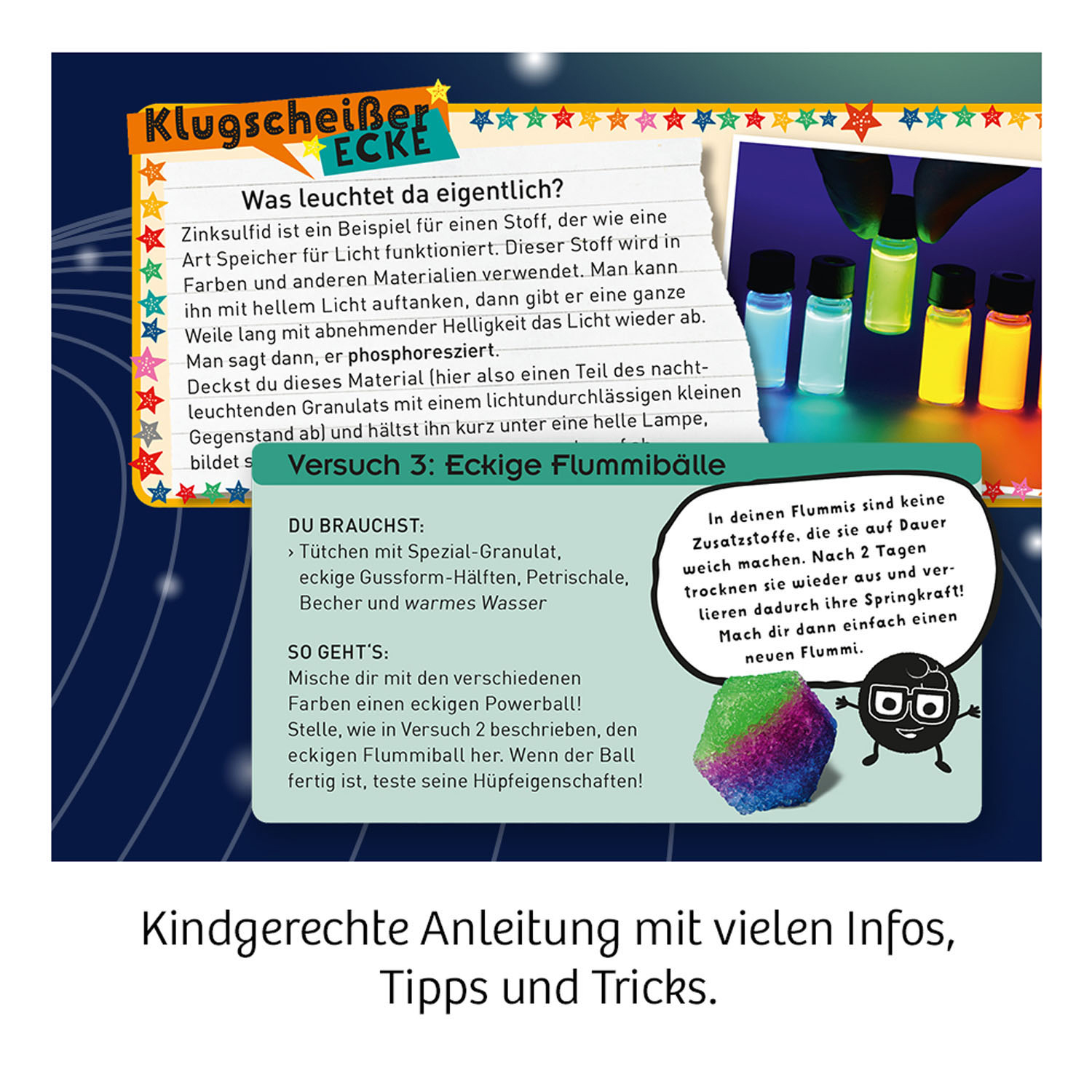 Lehrdiagramm, das ein Flummiball-Experiment mit Text und Illustrationen zeigt.