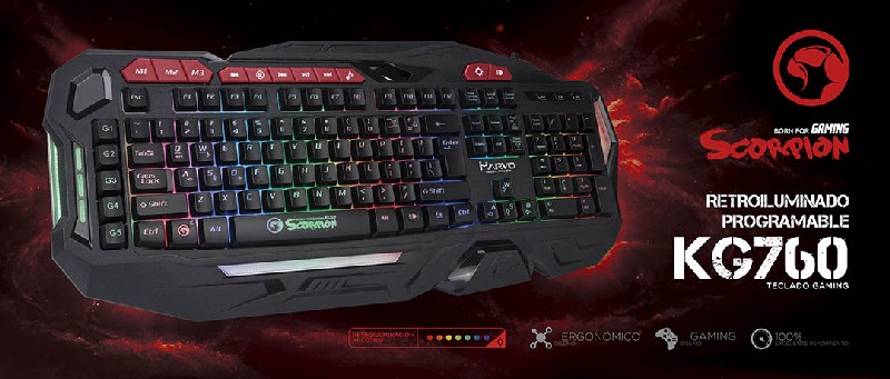 Teclado gaming - Scorpion MA-KG760, Membrana, USB, Retroiluminado Arco Iris, anti ghosting, negro