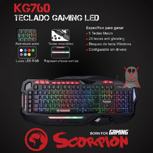 Teclado gaming - Scorpion MA-KG760, Membrana, USB, Retroiluminado Arco Iris, anti ghosting, negro