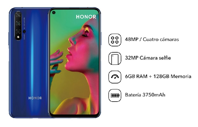 Móvil - Honor 20, Azul, 128 GB, 6 GB RAM, 6.26" Full HD+, Kirin 980, Cuatro Cámaras AI 48MP, 3750 mAh, Android